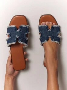 SHUZIA #Streetchic Women's Harness Cut-Out Open Toe Soft-Cushion Dark Indigo Slide Sandals – Casual, & Easy To Style - Blue - View 3