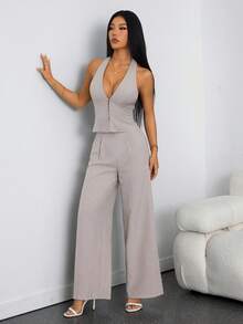 SHEIN PETITE 两件套：优雅轻盈的亚麻裹身V领无袖背心和高腰褶裥阔腿裤，休闲商务通勤装，春夏、毕业典礼、教师装，秋冬返校季皆宜。 - 杏色 - 查看 5