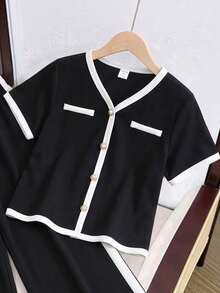 SHEIN Bộ đồ đôi cho bé gái tuổi teen gồm áo sơ mi ngắn tay cổ chữ V phối màu tương phản và quần dài, thích hợp cho mùa tựu trường, thanh lịch khi đi làm, nữ tính. - Đen và trắng - Xem 3