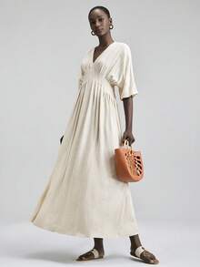 Ontre 2026春夏女士天然亚麻色舒适柔软亚麻面料修身廓形落肩袖腰部荷叶边蝴蝶结装饰现代优雅婚礼宾客装扮，简约浪漫法式奢华都市时尚商务休闲办公装，低调复古高端都市通勤高品质机场邮轮必备衣橱单品，四季皆宜百搭婚礼系列女士上衣 - 卡其色 - 查看 3