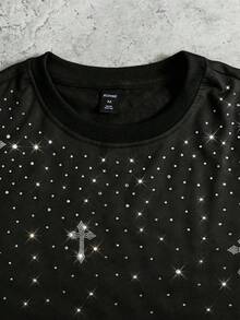 ROMWE MEN Street Life 男士闪亮钻石印花宽松短袖T恤 - 黑色 - 查看 3