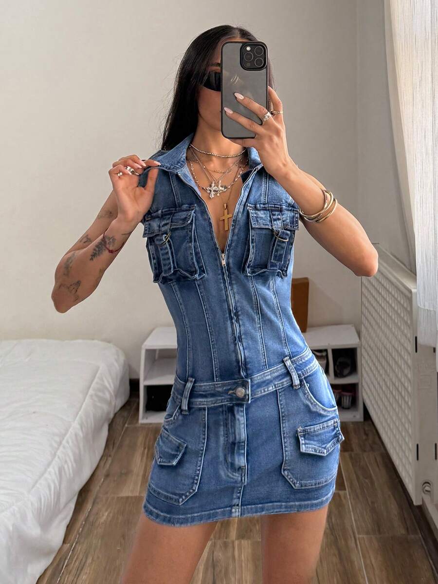 StreetHx Women's Summer Street Washed Zipper Bodycon Denim Dress - Blue - View 1