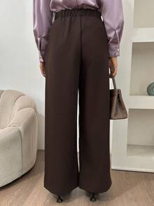 DAZY 女士纯色宽松直筒裤，松紧腰带，秋季女士正装裤 - 棕色 - 查看 2
