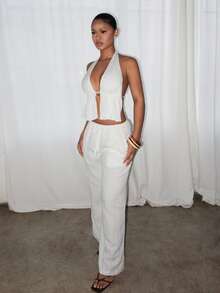 SHEIN PETITE 两件套服装，包括系带露背吊带背心和阔腿抽绳裤，适合夜店、度假、海滩、锐舞派对、夏威夷海岛度假等场合。 - 白色 - 查看 4