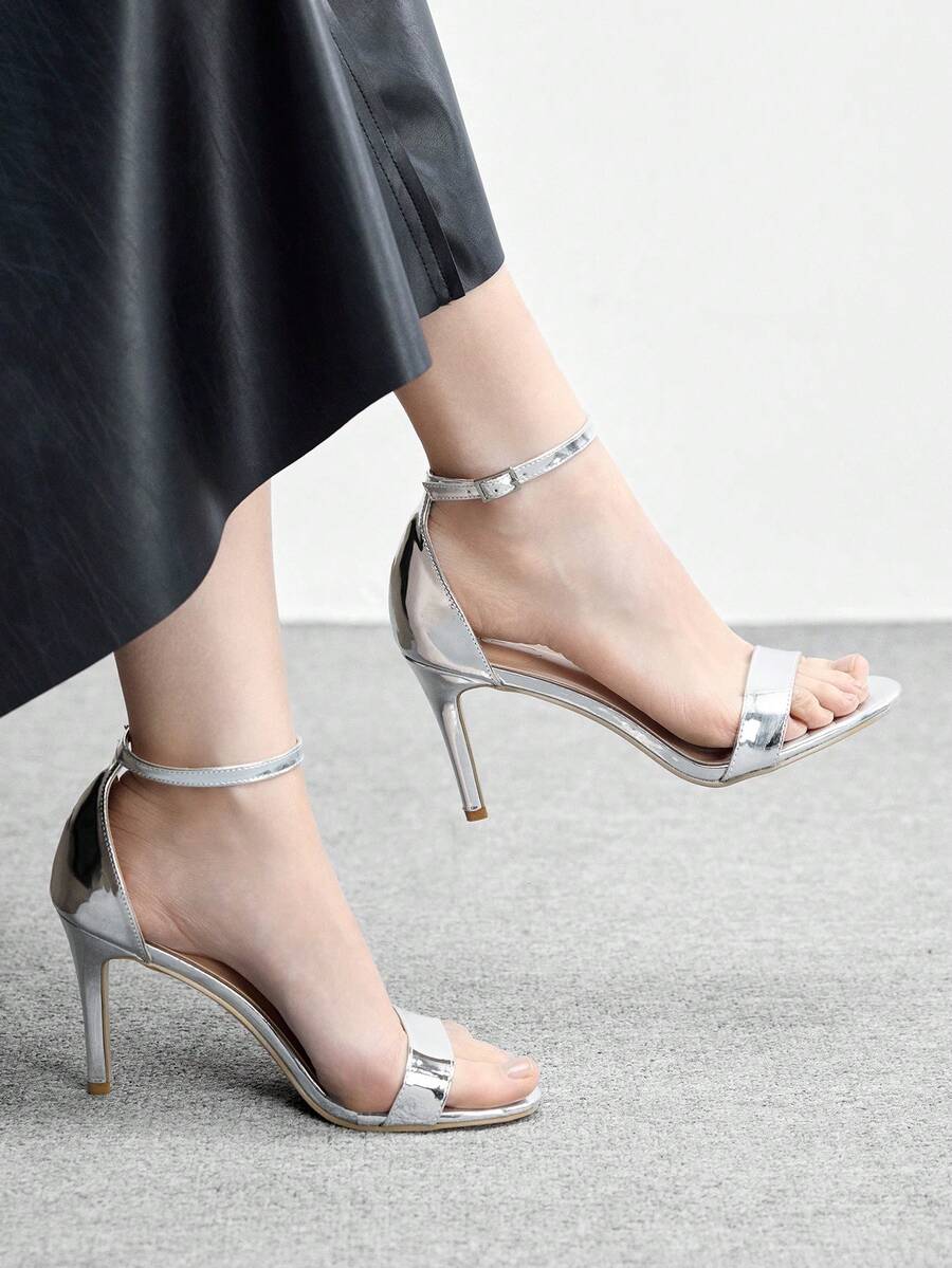 CUCCOO BIZCHIC 女士圆头细跟银色踝带简约时尚优雅女士高跟凉鞋配裙摆日常百搭通勤凉鞋 - 香檳銀 - 查看 1