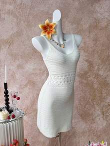 Selianne Hollow Crochet Knit Fitted Sexy Spaghetti Strap Women Sweater Dress, Spring/Summer - Beige - View 6