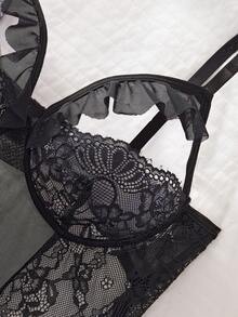 SpicyHot 蕾丝拼接网纱女士性感连体裤（优雅+透视+连体裤+无钢圈） - 黑色 - 查看 4