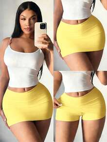 SHEIN SXY Chân váy ngắn ôm sát màu đen gợi cảm dành cho nữ (kèm quần legging) - Màu vàng - Xem 6