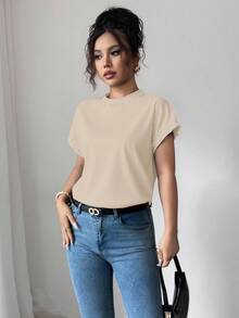Elenzga Camiseta de mujer de cuello redondo negro de manga corta con perlas de burbujas - Albaricoque - Ver 4