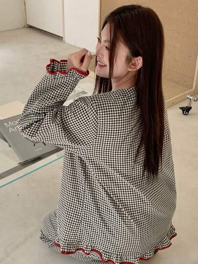 Dazy Plus 两件套格子宽松长袖上衣和长裤睡衣套装，春夏舒适家居服