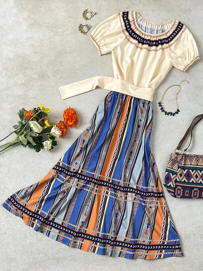 EMERY ROSE Women's Spring/Summer Casual Style Placement Print Round Neck Raglan Sleeve Tie-Waist Shirt And High-Waist A-Line Maxi Skirt Set