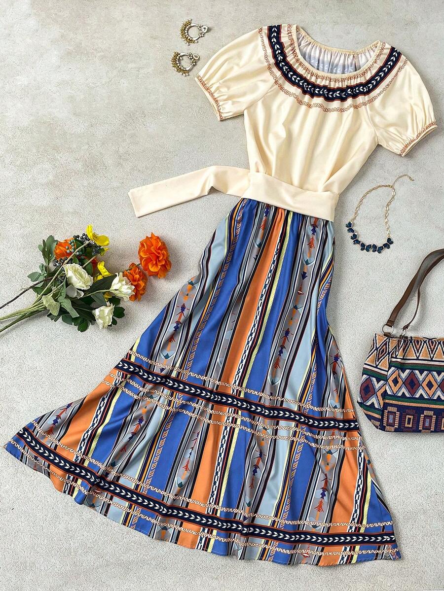 EMERY ROSE Women's Spring/Summer Casual Style Placement Print Round Neck Raglan Sleeve Tie-Waist Shirt And High-Waist A-Line Maxi Skirt Set - Multicolor - View 1