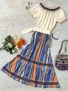 EMERY ROSE Women's Spring/Summer Casual Style Placement Print Round Neck Raglan Sleeve Tie-Waist Shirt And High-Waist A-Line Maxi Skirt Set - Multicolor - View 2