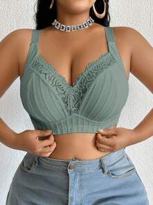 DesireSculpt 1pc Plus Size Lace Patchwork Wireless Bra - Army Green - View 3