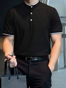 SHEIN Teen Boys' Black Contrast Collar Polo Shirt,Soft Casual Golf Shirt For Summer,Graduation,Back-To-School,Comfortable Fashionable Streetwear Jersey - Black - View 2
