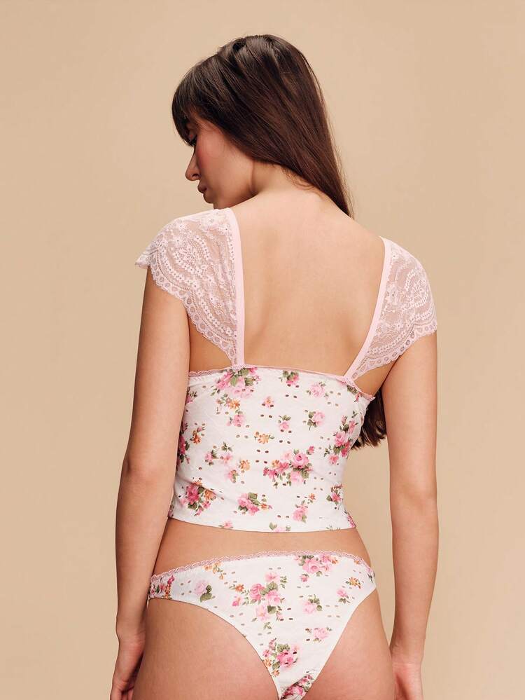 Floral Print Broidery Vintage Cute Top With Pink Lace Sleeves And Matching Knicker Lingerie Set Cute Lingerie Set Flower Lingerie Set