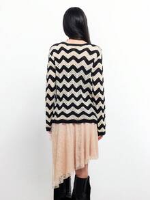 Bloopia 女士条纹长袖交叉前襟针织上衣，春夏款 - 黑色 - 查看 2