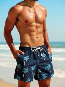 Manfinity Swimmode Men's Palm Tree Pattern Casual Elastic Waist Drawstring Beach Shorts - Navy Blue - View 5