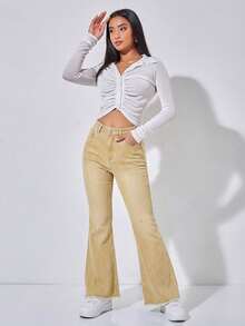 SHEIN PETITE Casual Washed Retro Flare Jeans - Khaki - View 4