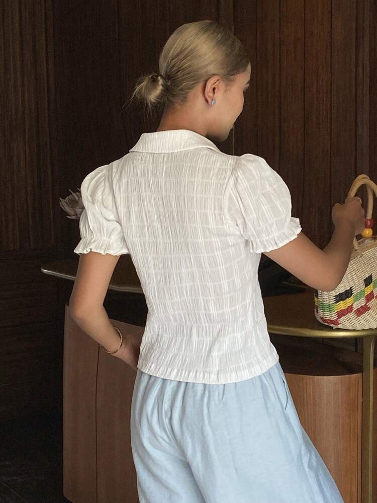 White Cotton Textured Petal Sleeve Collared Blouse For Women, Spring