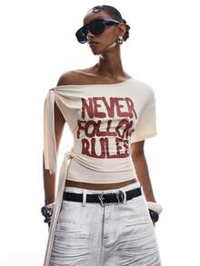 SHEIN EZwear Damen-T-Shirt in Große Größen mit Buchstabenprint, asymmetrischer Schulter, kurzen Ärmeln und Twist-Front, Beige, Sommer, Lässig, Business, Alltagsmode, Abendoutfit - Aprikosenfarben - Übersicht 10