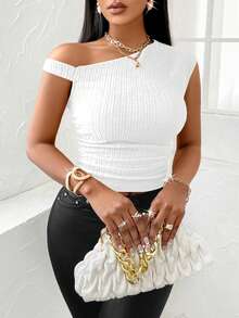 SOLERSUN Solid Asymmetrical Neck Ruched Top For Summer - White - View 1