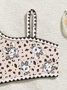3pcs Young Girl Swimwear Set, Cute Leopard Print Rabbit Bikini With Beach Skirt - Brown - View 4