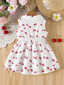 SHEIN Vintaside Kids 女婴/女宝宝甜美公主连衣裙，樱桃蝴蝶结印花，无袖翻领松紧腰休闲连衣裙，适合夏季日常穿着 - 白色 - 查看 2