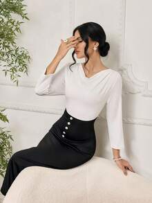 Modelyn 女士优雅撞色纽扣装饰七分袖中长连衣裙 - 黑與白 - 查看 1