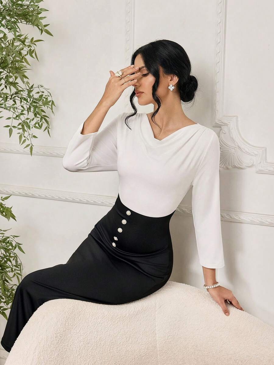 Modelyn 女士优雅撞色纽扣装饰七分袖中长连衣裙 - 黑與白 - 查看 1