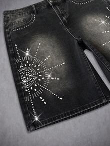 Manfinity Denimwave 时尚宽松水钻装饰夏季牛仔短裤 - 黑色 - 查看 5