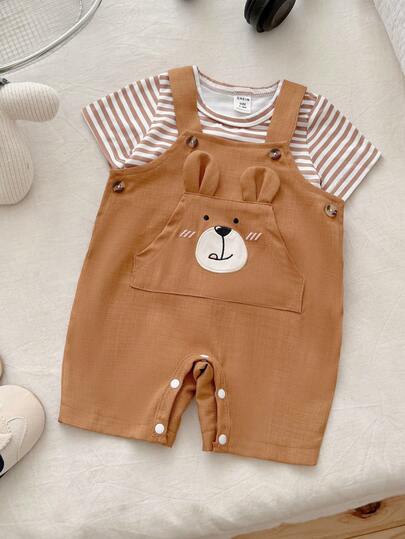 SHEIN Vintaside Kids 2pcs Newborn Baby White Round Neck Open Shoulder Short Sleeve Top & Striped Embroidered Ear Hoodie Romper, Cute & Fashionable For Home, Daily, Outdoor Activities