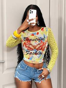 SHEIN BamGlam Áo thun dài tay cổ tròn chất liệu lưới xuyên thấu YK2 "Hot Girl" với họa tiết bướm, số và da báo xếp ly bên hông, thích hợp cho kỳ nghỉ biển và các lễ hội âm nhạc. - Vàng nhạt - Xem 5