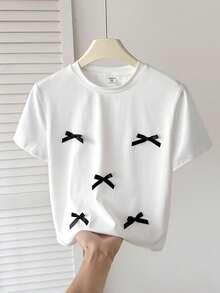 Firerie Kids 少女撞色蝴蝶结针织T恤，休闲时尚，百搭，适合派对、郊游、姐妹合照、公园、露营、度假、日常休闲穿着 - 白色 - 查看 3