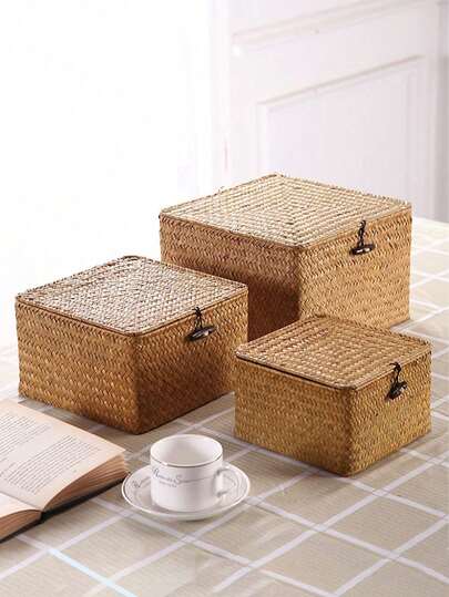 1 pieza/3 piezas Caja de almacenamiento tejida a mano con tapa, organizador de escritorio estilo bohemio, almacenamiento multiusos para cocina, baño, dormitorio, sala de estar, oficina, hogar, decoración, accesorios de cocina, caja de regalo, cesta de bambú como regalo, favor de boda, Día de San Valentín, para volver a la escuela