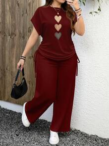 EMERY ROSE Lässiges Leoparden-Muster Outfit in Große Größen, 2-teilig, geeignet für den Sommer - Bordeaux - Übersicht 1