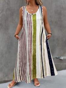 EMERY ROSE Váy hai dây kẻ sọc dáng rộng dành cho nữ cỡ lớn, thích hợp cho kỳ nghỉ. - Nhiều màu - Xem 3