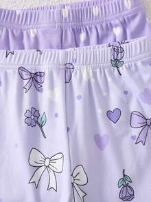 女童紫色蝴蝶结爱心印花短袖睡衣套装 - 淡紫色 - 查看 6