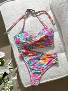 Swim Lushoire 2件套女士成熟花卉印花交叉绑带露背泳衣套装，玫瑰红底色，春夏款 - 彩色 - 查看 6