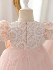 Glamorique Kids Baby Girls' Pink Summer Elegant Birthday Princess Party Dress,Jacquard Hem Mesh Patchwork Bubble Short Sleeve Round Neck,Waist Bow Decor,Flower Girl - Pink - View 3