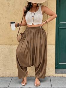 Breezaya 大码女式梭织休闲宽松长裤，右侧带口袋，棕色 - 棕色 - 查看 6