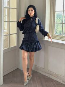 Modelyn Women's Navy Blue And White Autumn Elegant Office 2 Pieces Set,Long-Sleeved Off-The-Shoulder Shirt&Flower Bud Mini Skirt,Casual Modern Commuting Wear - Navy Blue - View 1