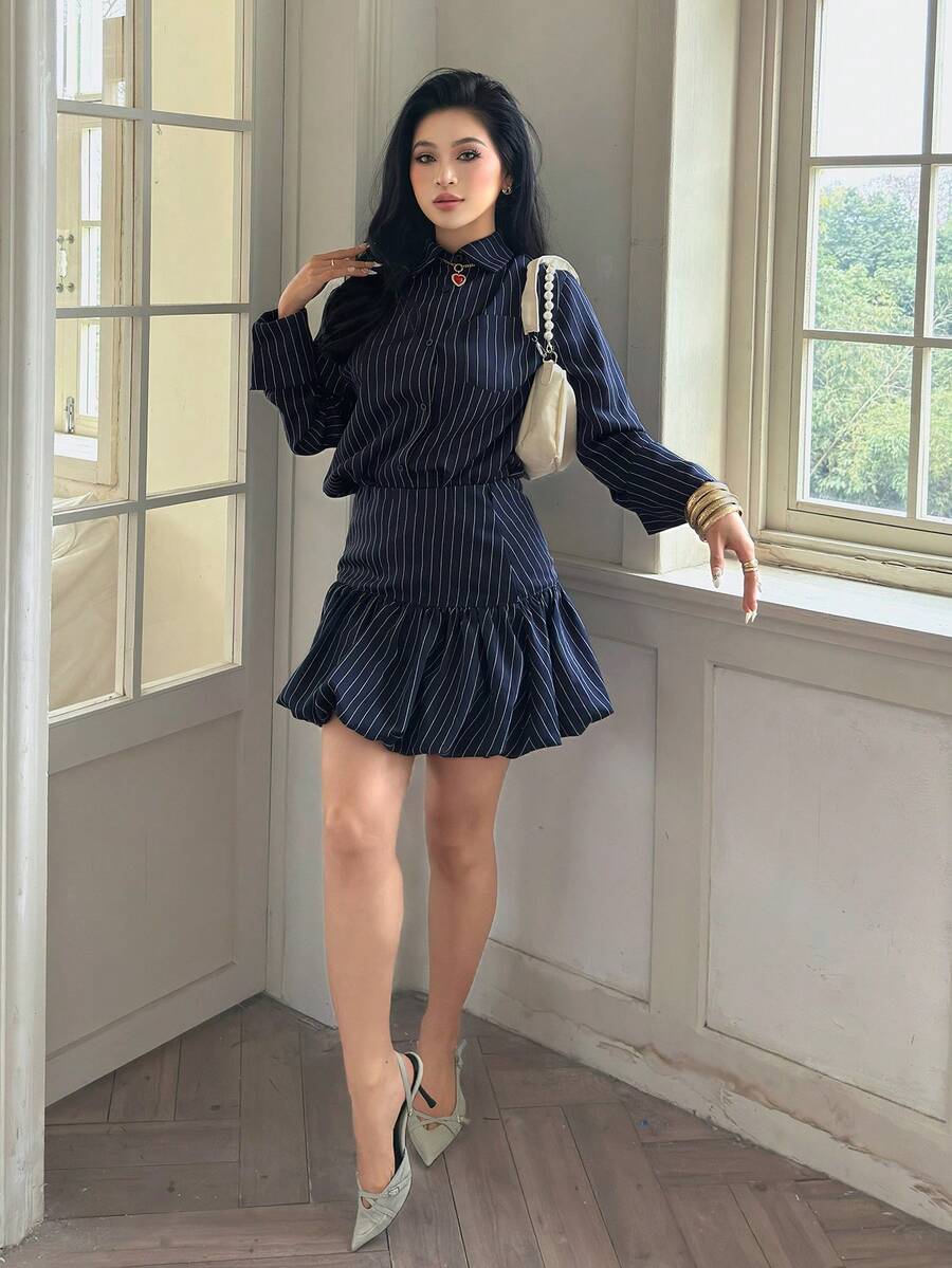 Modelyn Women's Navy Blue And White Autumn Elegant Office 2 Pieces Set,Long-Sleeved Off-The-Shoulder Shirt&Flower Bud Mini Skirt,Casual Modern Commuting Wear - Navy Blue - View 1