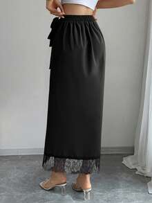 Selianne Black Wrap Midi Skirt - Lace Paneled Hem, Elegant & Versatile For Casual/Office Wear (Spring & Summer Women's) - Black - View 2
