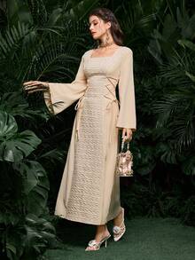 Al Najma 优雅长袖拼接侧系腰连衣裙 - 杏色 - 查看 6