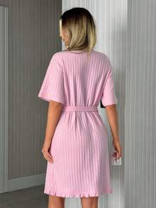 SHEIN Women Cotton Rib Knit Ruffle Detail Short Sleeve Homewear Lounge Robe - Pink - View 2