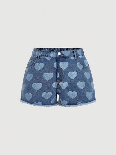 Sweetra Plus Size Women Retro Heart Fashionable Casual Slim Denim Shorts