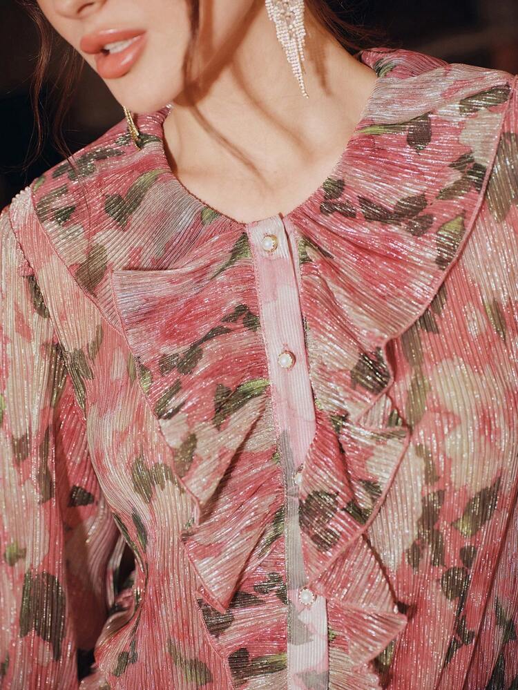 Spring Floral Ruffle Hem Design Blouse, Elegant Pink Blouse For Women
