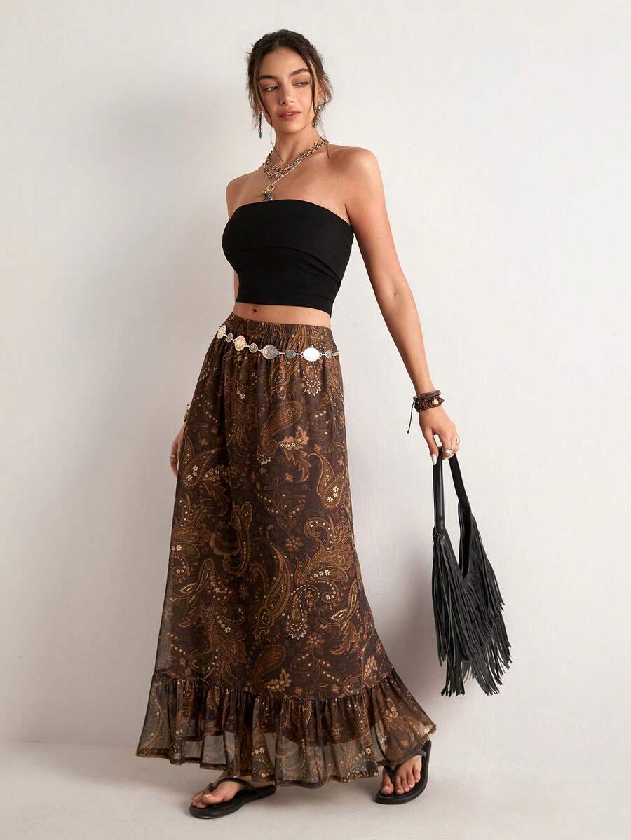 Freevana 波西米亚风高腰半身裙，双层复古腰果花佩斯利花纹松紧腰A字裙，复古优雅女装 - 棕色 - 查看 1
