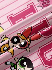 THE POWERPUFF GIRLS X SHEIN 少女休闲日常通勤时尚街头条纹花朵、泡泡、毛茛图案短袖T恤，夏季 - 白色 - 查看 7